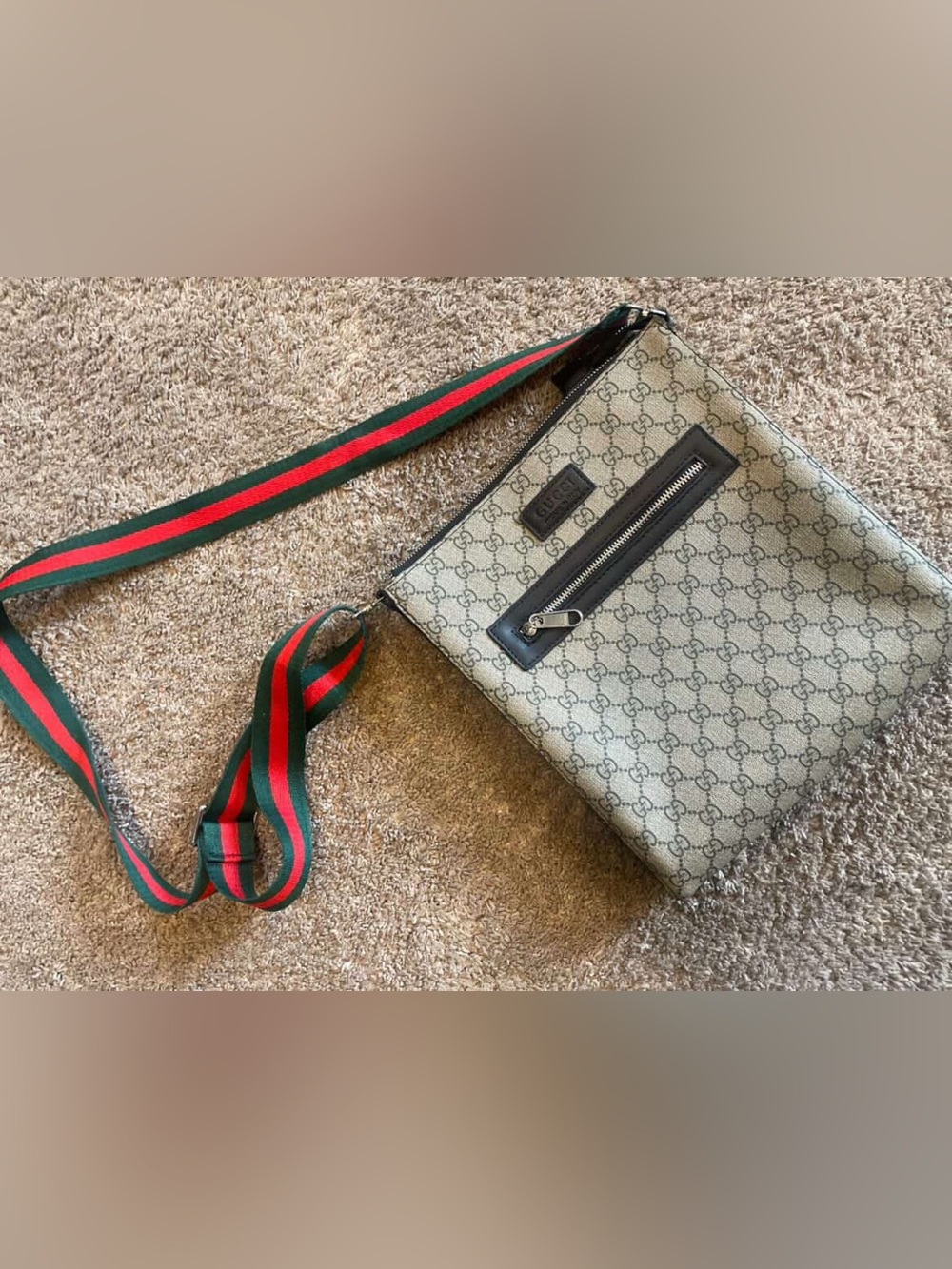 Gucci Tan GG Supreme Messenger Bag with Green-Red Web Strap